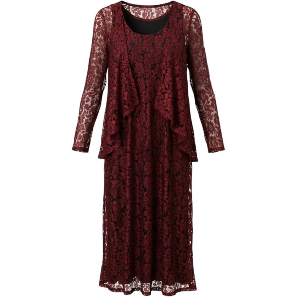 Lola P. Lace Dress Set Women Large Red Black 2PC Floral Midi Jacket D24